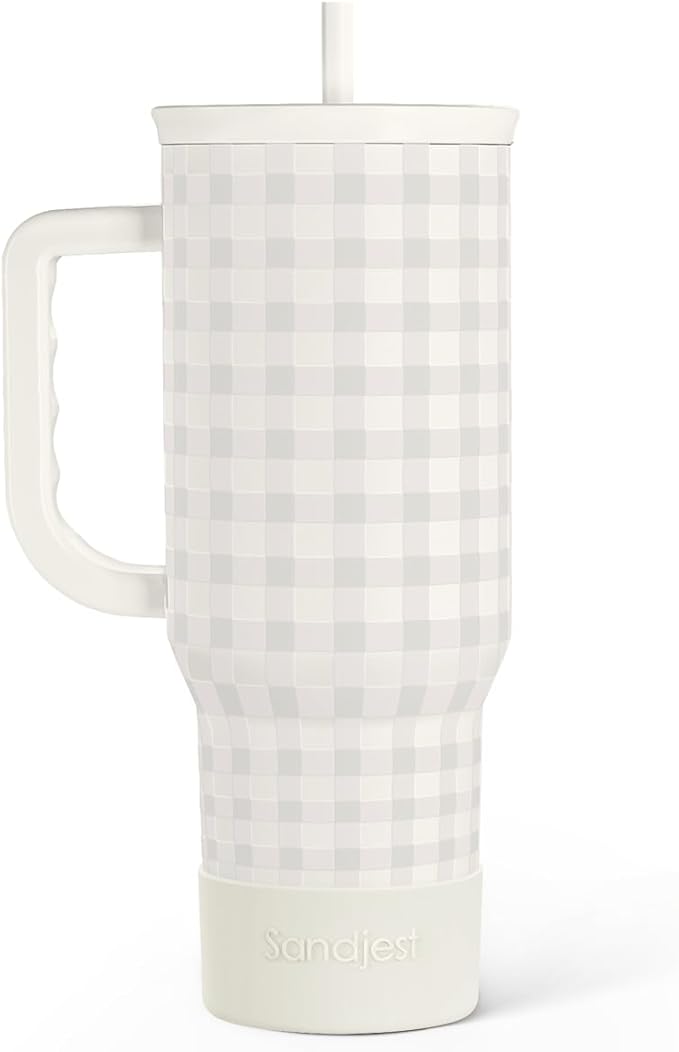 SANDJEST Grey Gingham 40oz Slider Tumbler with Handle and Straw - Insulated Stainless Steel Travel Coffee Mug for Women Girls, Gift for Birthday, Christmas