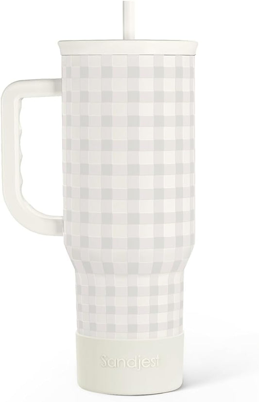 SANDJEST Grey Gingham 40oz Slider Tumbler with Handle and Straw - Insulated Stainless Steel Travel Coffee Mug for Women Girls, Gift for Birthday, Christmas