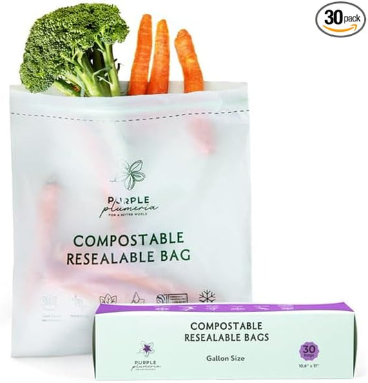 100% Certified Compostable Gallon Bags (30 Counts), Resealable BioBased, Leak Proof And Freezer Safe, Extra Strength Storage, Also Available Gallon, Snack and Sandwich Size Bags (Gallon) | Biobased, Leak-Proof, Durable, Freezer-Safe, Extra Strong