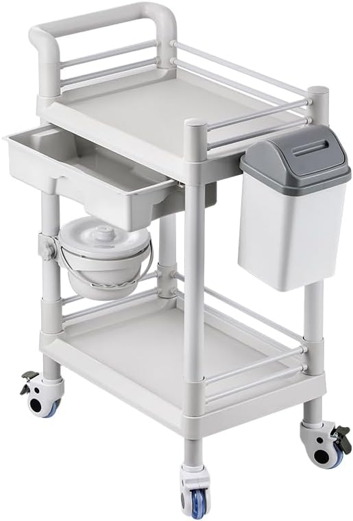 Mount Plus MT01 2 Tier Mobile Medical Cart Trolley with Drawer, Trash Cans, Waste Bowl | Beauty Salon Rolling Trolley with 360° Rotate Wheels | Heavy Duty Utility Cart for Hospital Dental Clinic