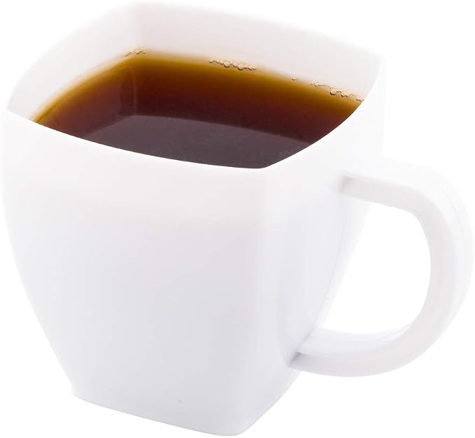Restaurantware-5 Ounce Square Espresso Cups, 100 Disposable Plastic Coffee Cups - PS Plastic, With Handles, White Dessert Cup, For Catering Events, Parties, Weddings, And Cafes