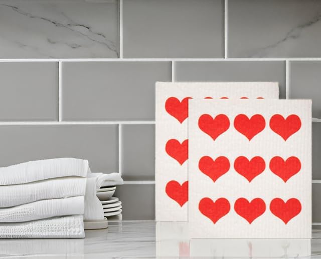 Swedish Dishcloths 2-Pack - Reusable Eco-Friendly Sponge Cloths, Super Absorbent Biodegradable Kitchen Cleaning Towels, Machine Washable, Red Hearts Row Design, 7.87"x6.88"