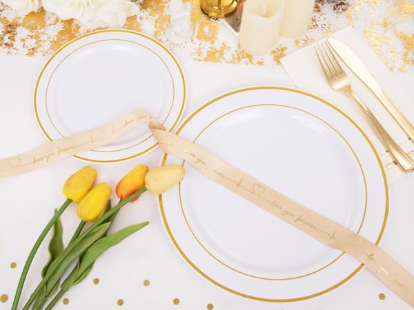 GATHER 175 Pieces Gold Dinnerware Disposable - White and Gold Plastic Plates Includes 50 Plates, 25 Plastic Silverware, 25 Napkins, 25 Cups for Wedding Party