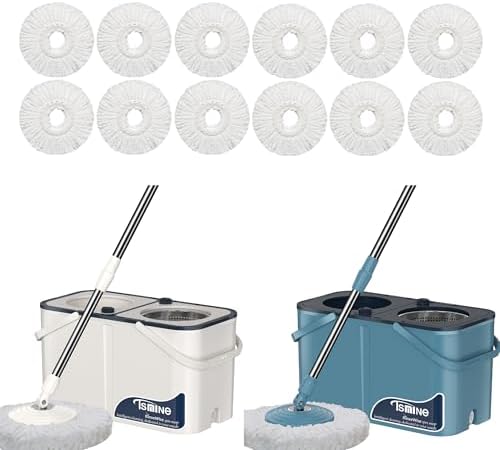 RinseWise Mop Bucket Set with 12 Microfiber Heads, Blue/Gray & White/Blue, Spin Mop, 61-Inch Telescopic Stainless Steel Handle, Multi-Surface Compatible, Hands-Free Wringing