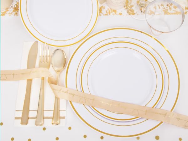 GATHER 175 Pieces Gold Dinnerware Disposable - White and Gold Plastic Plates Includes 50 Plates, 25 Plastic Silverware, 25 Napkins, 25 Cups for Wedding Party