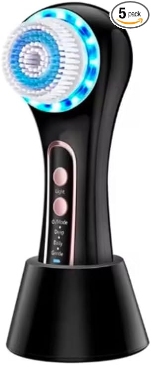 Facial Cleansing Brush, Rechargeable Electric Face Scrubber with 5 Brush Heads, IPX7 Waterproof Spin Brush for Deep Cleansing, Exfoliating & Massaging – Black