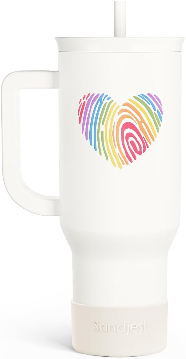 SANDJEST LGBT 40oz Tumbler with Handle and Straw, Insulated Stainless Steel Travel Coffee Mug for Gay Lesbian Adults Friends, Gift Idea for Birthday Christmas Pride Month (Heart Fingerprints)