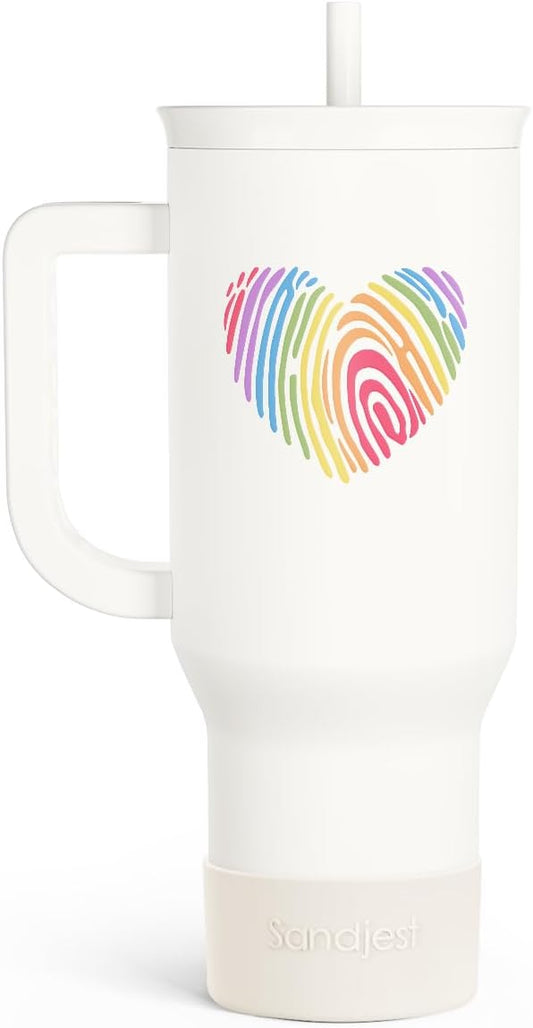 SANDJEST LGBT 40oz Tumbler with Handle and Straw, Insulated Stainless Steel Travel Coffee Mug for Gay Lesbian Adults Friends, Gift Idea for Birthday Christmas Pride Month (Heart Fingerprints)