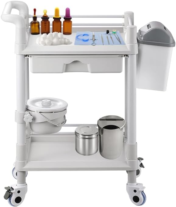 Mount Plus MT01 2 Tier Mobile Medical Cart Trolley with Drawer, Trash Cans, Waste Bowl | Beauty Salon Rolling Trolley with 360° Rotate Wheels | Heavy Duty Utility Cart for Hospital Dental Clinic