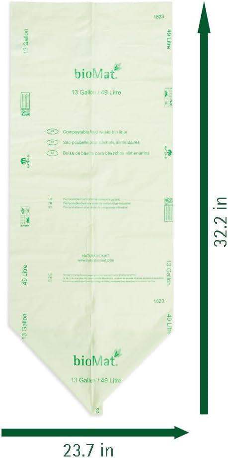 bioMat Compostable Trash Bags 13 Gallon, 50 Count, Tall flat top Kitchen Food Scrap Bin Liners, BPI, CMA and OK Compost HOME certified, Meets the ASTM D6400 Standard