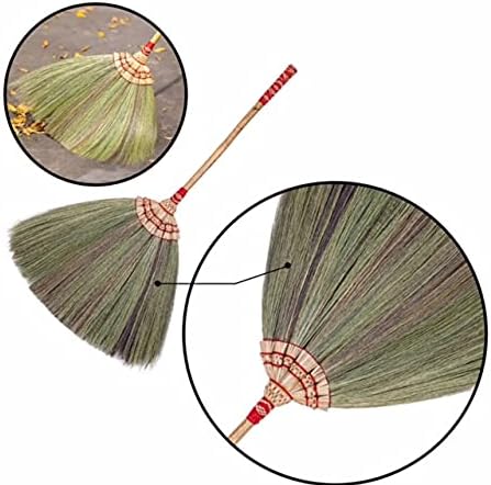 29 inch Tall of Natural Grass Broom 100% Handmade with a Bamboo Stick Embroidery Woven Nylon Top and Bottom Handle Red or Green Color on Random for Indoor and Outdoor Use