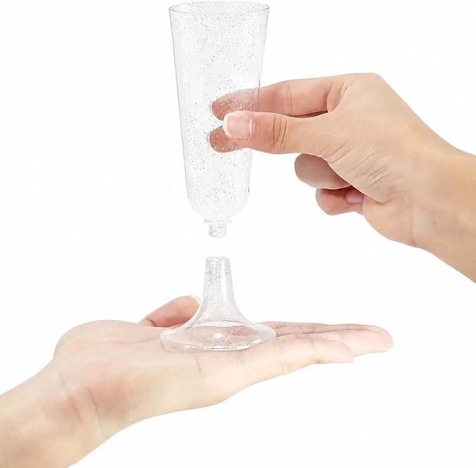25 Pack Plastic Champagne Flutes 5.5oz Silver Glitter Disposable Suitable for Wedding, Birthday Party, Thanksgiving Day, Christmas Supplies