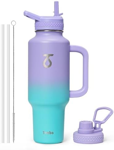 Trebo 40 oz Water Bottle Insulated Fit Car Cup Holder with Handle, Stainless Steel Water Bottles Tumbler with Spout Straw Lids, Double Wall Travel Reusable Flask, Leakproof Mug,Keep Cold &Hot,Purple