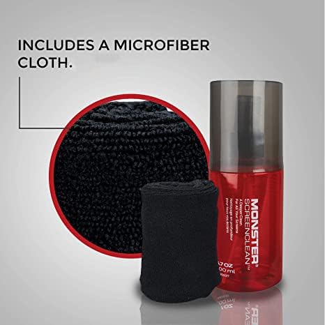 Monster Screen Cleaner Kit, 6.7 oz (200 mL), Microfiber Cloth, White/Black/Red, for HDTVs, Tablets, Laptops, Smartphones, Eyeglasses