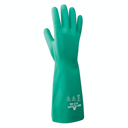 SHOWA 727 Chemical Resistant Gloves, 15-mil Unsupported Nitrile, 13-inch Extended Gauntlet, Bisque Grip, CE Cat III & Food Safe, Latex-Free, Green, Large, 12-Pack