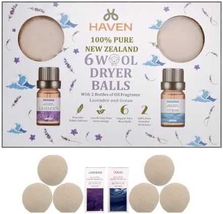 Haven Wool Dryer Balls with Essential Oils – 6-Pack Natural Reusable Laundry Balls with Lavender & Ocean Scents – Eco-Friendly Fabric Softener Alternative, Reduces Wrinkles & Drying Time