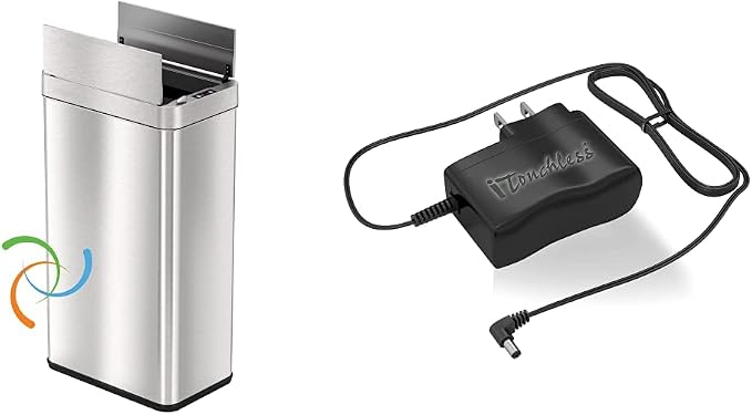 iTouchless, 68 Liter Wings-Open Sensor Trash Can & Pet-Proof Lid, Stainless Steel, 18 Gallon & AC Power Adapter for Automatic Sensor Trash Cans