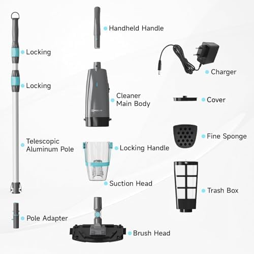 Cordless Handheld Pool Vacuum for Above & Inground Pools, with 20 Gal/Min Suction, 60 Min Runtime, Dual-Phase Cleaning System,65in Telescopic Pole, for Spas & Hot Tubs, Jet Black(New Version)