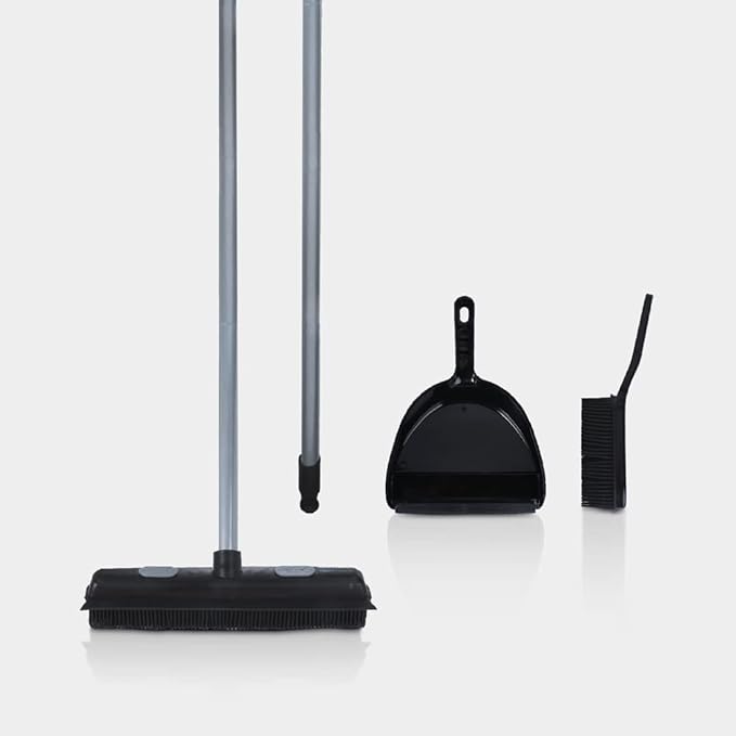Rubber Bristle Broom and Rubber Squeegee Snap on Dustpan Set with Portable Push Broom Rug Squeegee and Extendable Telescoping Handle for Pet Hair Removal Home Office Fabric Carpet Floor Desk Black