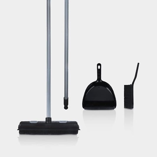 Rubber Bristle Broom and Rubber Squeegee Snap on Dustpan Set with Portable Push Broom Rug Squeegee and Extendable Telescoping Handle for Pet Hair Removal Home Office Fabric Carpet Floor Desk Black