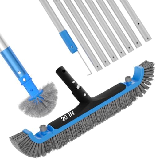 2 in 1 Pool Brush with Poles 10ft - 20'' Heavy Duty Swimming Pool Brush & Multifunctional Brush Head, 9ft Aluminum Poles, Cleaning Inground & Above Ground Pools