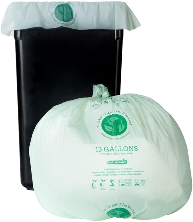 Restaurantware-RW Eco 13 Gallon Biodegradable Garbage Bags, 100 Compostable Trash Bags - Star Seal Bottom, Won't Tear Or Leak, Green Plastic Trash Can Liners, BPI-Certified, For Office And Homes