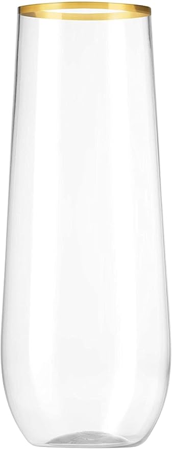 Munfix 36 Pack Stemless Plastic Champagne Flutes, Disposable 9 Oz Gold Rim Clear Plastic Toasting Glasses Shatterproof Recyclable and BPA-Free