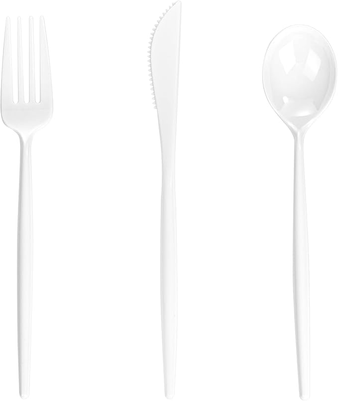 Supernal 360PCS White Plastic Silverware Set - Heavy Duty Disposable Utensils (120 Forks, 120 Knives, 120 Spoons) - Elegant Plastic Cutlery for Weddings, Catering, Party & Daily Dining