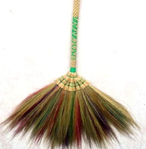 Natural Grass Broom Thai Vintage Retro Handmade Broom, Housewarming Gift, Witch Broom, Thai Broom, Broomstick, Bamboo Stick Embroidered Nylon Handle, Kong Grass Broom, Thick Broomstick