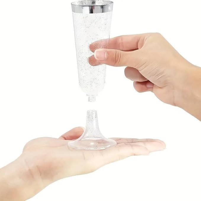 50 Pack Plastic Champagne Flutes 5.5oz Silver Glitter Rim Disposable Suitable for Wedding, Birthday Party, Thanksgiving Day, Christmas Supplies