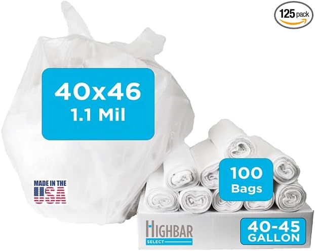 Highbar Select 40-45 Gallon Trash Bags, 1.1 Mil Thickness, Clear Bags, 45 Gallon Trash Bags Heavy Duty, 40" x 46", 100 Count, Ideal for Janitorial, Industrial, Recycling