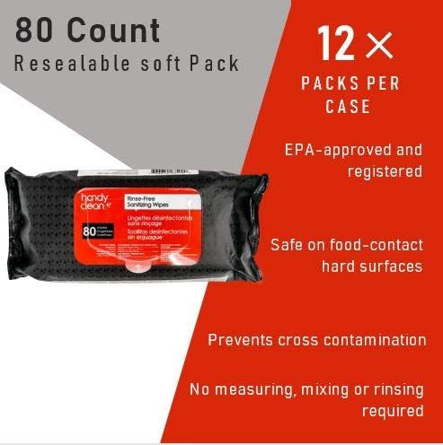 Rinse-Free Sanitizing Wipes Food Contact Safe Pack of 12 Pouches with 80ct Wipes per Pouch