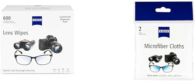ZEISS Pre-Moistened Lens Wipes, 600 Count + Microfiber Lens Cleaning Cloths, Pack of 2 Jumbo Size