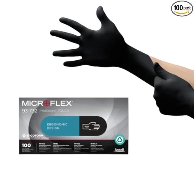 Ansell MICROFLEX Midknight Touch 93-732 Disposable Nitrile Exam Gloves for Auto, Tattoo, Dentistry, Catering, 4.3 mil - Large, Black (Box of 100)