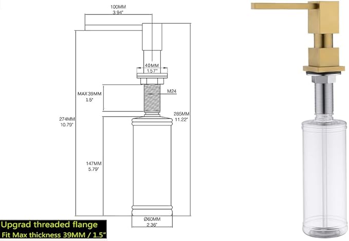 Soap Dispenser Brushed Gold Built in Sink Square Lotion Dispenser for Kitchen Sink, Brass Pump Head, with 17 Oz Bottle