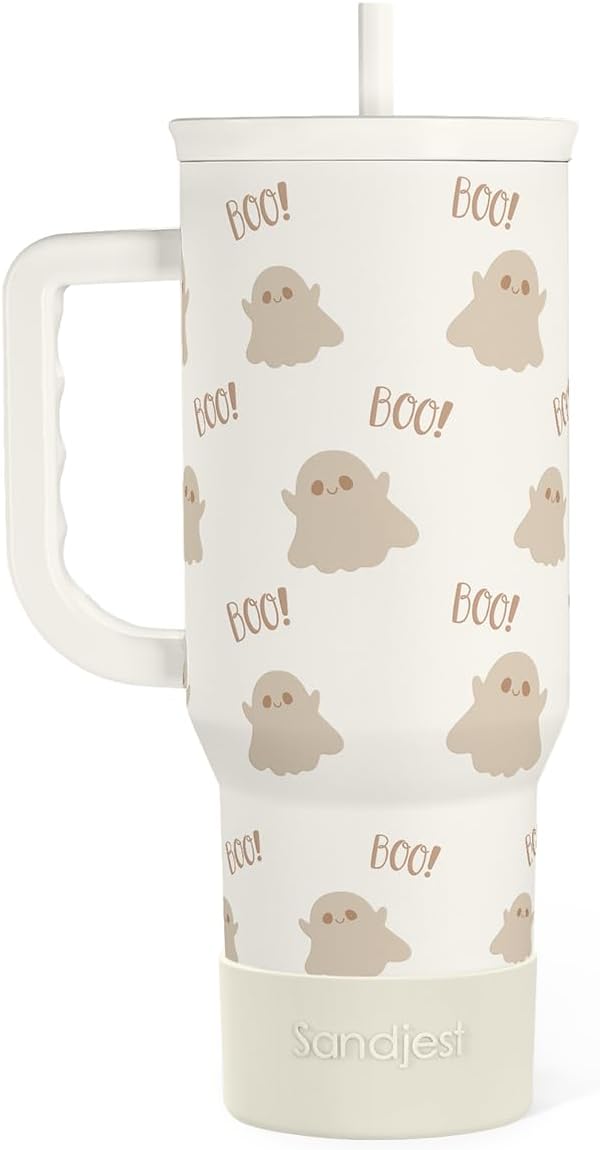 SANDJEST Boo Tumbler with Handle and Straw 40oz – Stainless Sleel Slider Tumbler Travel Coffee Mug for Women - Gift Idea for Fall Autumn Halloween Christmas