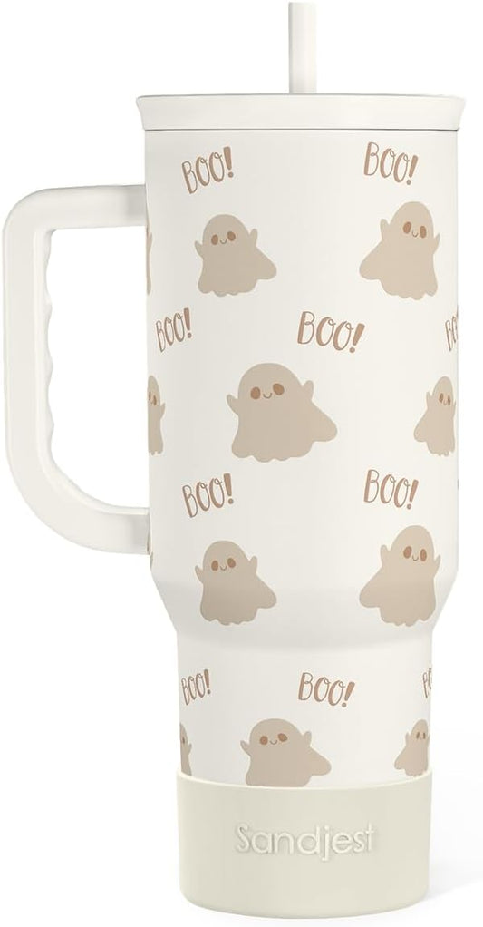 SANDJEST Boo Tumbler with Handle and Straw 40oz – Stainless Sleel Slider Tumbler Travel Coffee Mug for Women - Gift Idea for Fall Autumn Halloween Christmas