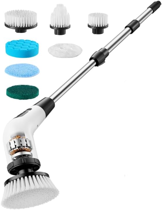 Cordless Electric Spin Scrubber, 90-Min Long Runtime Telescopic Cleaning Brush with 8 Replaceable Heads, 2 Speed Adjustable Power Scrubber for Bathroom Floor Glass Tile Shower Cleaning