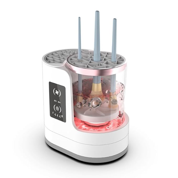 3 IN 1 Electric Makeup Brush Cleaner Machine With Makeup Brush Dryer Holder Portable Timing Automatic Cosmetic Brushes Cleaner Tool for All Size Beauty Makeup Brush Pink