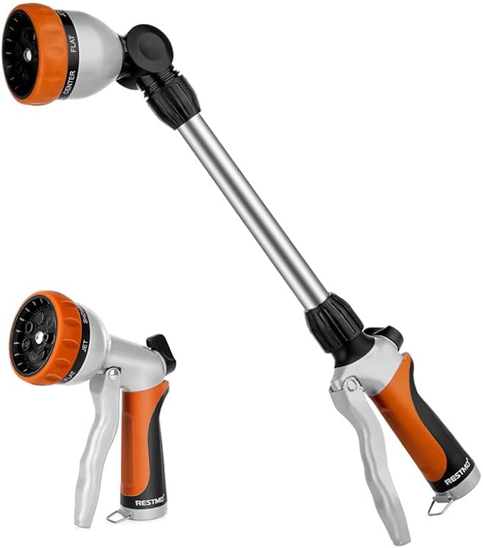 RESTMO Garden Hose Nozzle, Heavy Duty Metal Hose Wand with 7 Adjustable Spray Patterns, High Pressure Hand Sprayer with Flow Control, Best for Watering Plants & Lawns, Washing Cars & Pets