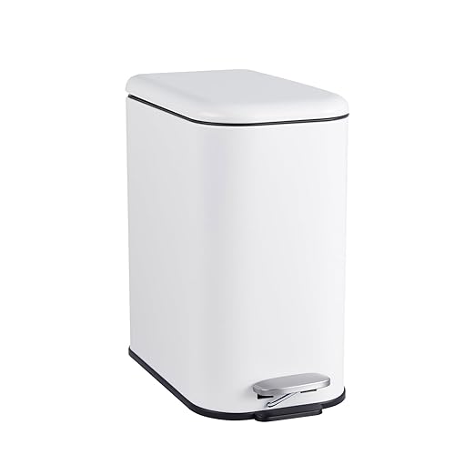 GlowSol Bathroom Trash Can with Lid, 1.3 Gallon 12 L Stainless Steel Step Trash Can with Removable Liner Bucket, Slim Small Wastebasket for Toilet Bedroom Office, White