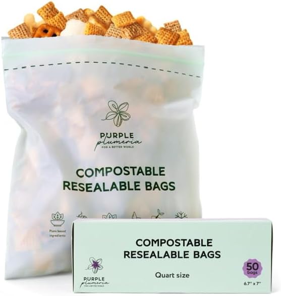100% Compostable Resealable Food Storage Bags (50 Eco Zip), Biobased, Leak-Proof and Freezer-Safe, Extra Strong & Durable, (Quart Size) | Biobased, Leak-Proof, Durable, Freezer-Safe, Extra Strong