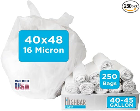 Highbar Select Clear Trash Bags,40-45 Gallon Trash Bags, 40" x 48", 250 Count, 16 Micron, High Density, Ideal for Janitors, Facility Managers, Industrial, Recycling