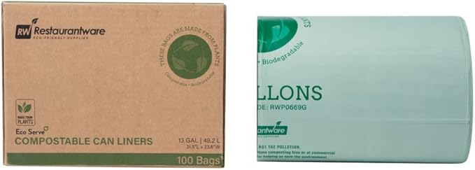 Restaurantware-RW Eco 13 Gallon Biodegradable Garbage Bags, 100 Compostable Trash Bags - Star Seal Bottom, Won't Tear Or Leak, Green Plastic Trash Can Liners, BPI-Certified, For Office And Homes