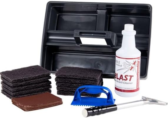 Grill & Griddle Cleaning Kit with Screen/Pad Holder, Polish Pads, Cleaning Screens, Caddy, Scraper and Heat-Resistant Holder for Safe (Full Kit: Cleaner,Scraper,Pads,Screens and Caddy)