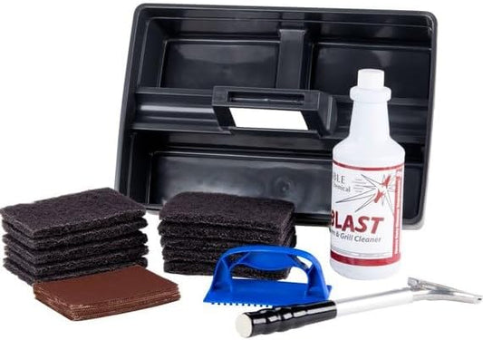 Grill & Griddle Cleaning Kit with Screen/Pad Holder, Polish Pads, Cleaning Screens, Caddy, Scraper and Heat-Resistant Holder for Safe (Full Kit: Cleaner,Scraper,Pads,Screens and Caddy)