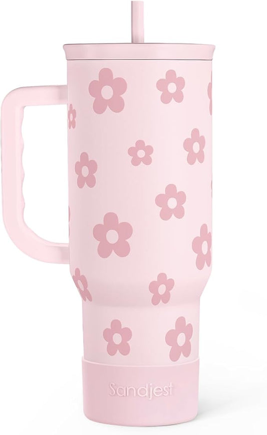 Floral Tumbler with Handle and Straw 40oz Stainless Sleel Slider Tumbler Travel Coffee Mug for Women - Gift Idea for Birthday Christmas