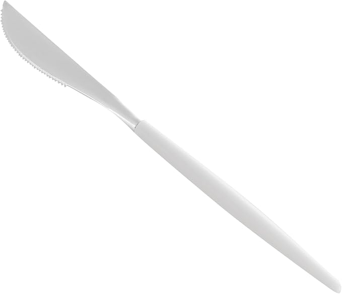 Restaurantware-Moderna 7.75 Inch Fancy Flatware, 50 Durable Plastic Flatware - With White Handle For Grip, Heavy-duty, Silver Plastic Knives, Serrated Edges Or Restaurants