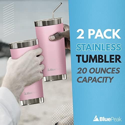 BluePeak Double Wall Stainless Steel Vacuum Insulated Tumbler Set, 2-Pack. Includes Sipping Lids, Spill-Proof Sliding Lids, Straws, Cleaning Brush & Gift Box (20oz, Pink)