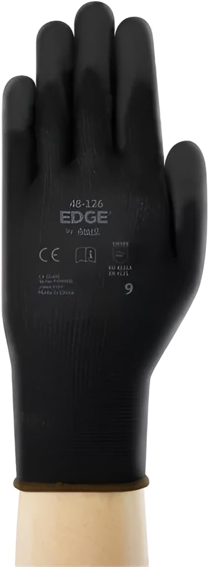Ansell EDGE 48-126 Abrasion-Resistant Polyester Nitrile Industrial Gloves w/Knitted Liner for Auto, Machinery - Black